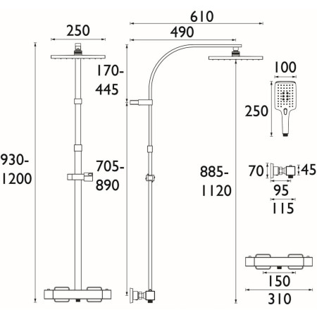 QBSHXDIVCTFFBLK Bristan Qubo Thermostatic Bar Shower with Rigid Riser in Black Line Drawing