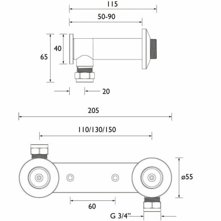 WMNT5C Bristan Recessed Wall Mounting Fixing Bracket Line Drawing