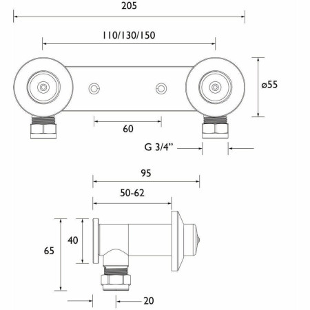 WMNT9C Bristan Recessed Wall Mounting Fixing Bracket WMNT9C Line Drawing