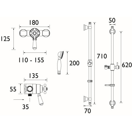 R2 SHXAR C Bristan Regency Dual Control Thermostatic Shower & Riser Rail Technical Drawing