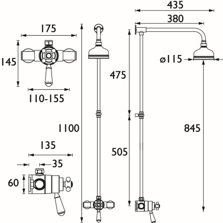 R2 SHXRR C Bristan Regency Dual Control Thermostatic Shower and Rigid Riser Rail Line Drawing