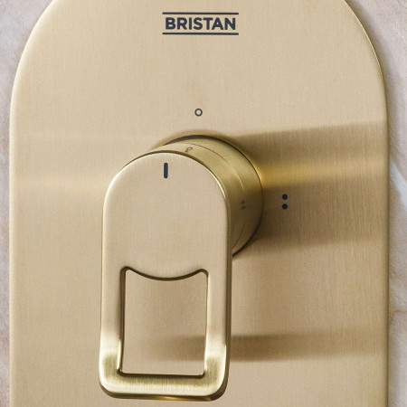 SAFFRONBBSHWRPK2 Bristan Saffron Brushed Brass Concealed Dual Control Two Outlet Shower Pack Valve Close Up