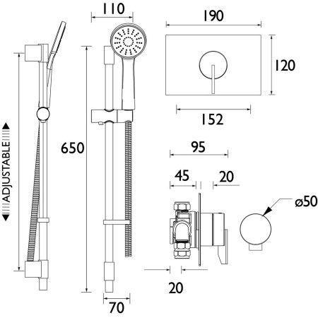 SOQ3 SHCAR C Bristan Sonique3 Thermostatic Chrome Concealed Shower Line Drawing