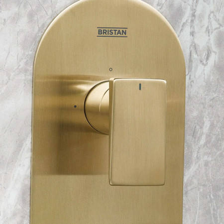 TANGRAMBBSHWRPK2 Bristan Tangram Brushed Brass Concealed Dual Control Two Outlet Shower Pack Valve Close Up