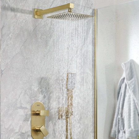 TANGRAMBBSHWRPK2 Bristan Tangram Brushed Brass Concealed Dual Control Two Outlet Shower Pack Lifestyle
