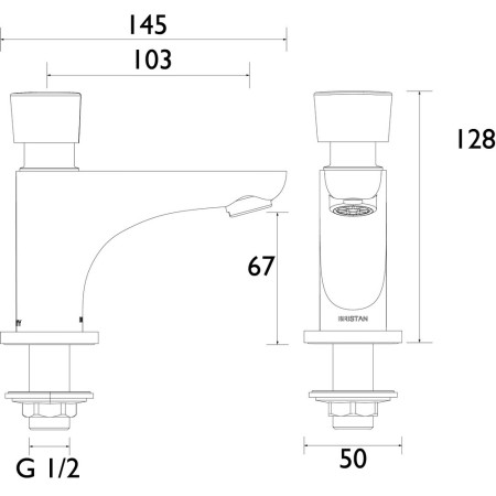 Z2 DUS 1/2 C Bristan Utility Timed Flow Control, Single Pillar Basin Tap with Flow Regulator Line Drawing