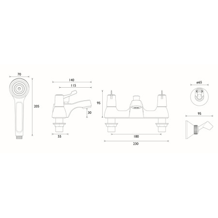 VAL2 BSM C CD Bristan Value Lever Bath and Shower Mixer Line Drawing