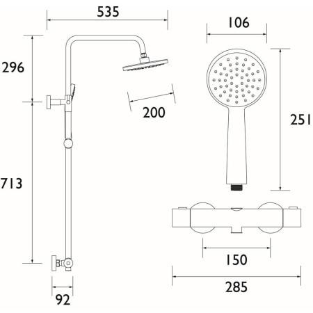 ZISHXDIVSMFFC Bristan Zing2 Chrome Adjustable Thermostatic Rigid Riser Bar Shower Line Drawing