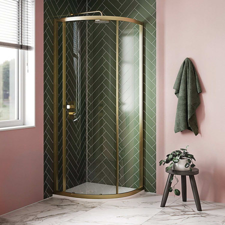HXQSFC0900 Britton Hoxton 6 Brushed Brass 900mm Quadrant Shower Enclosure Lifestyle