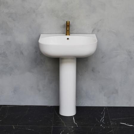 Britton Milan 500mm Basin with Pedestal Lifestyle with Brushed Brass Taps