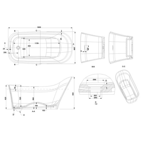 N14 Britton Nebbia 1600 x 800mm Freestanding Bath Line Drawing