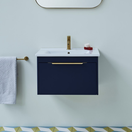 Britton Shoreditch 650mm Wall Hung Single Drawer Unit Matt Blue Lifestyle with Brushed Brass Accessories