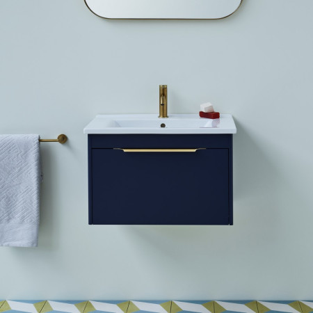 Britton Shoreditch 650mm Wall Hung Matt Blue Single Drawer Vanity Unit and Basin Lifestyle with Brushed Brass Accessories