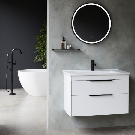 Britton Shoreditch 850mm Wall Hung Matt White Double Drawer Vanity Unit and Basin Lifestyle