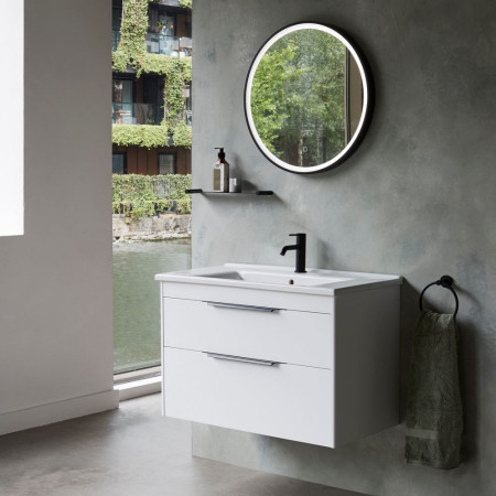 Britton Shoreditch 850mm Wall Hung Matt White Double Drawer Vanity Unit and Basin with Black Accessories