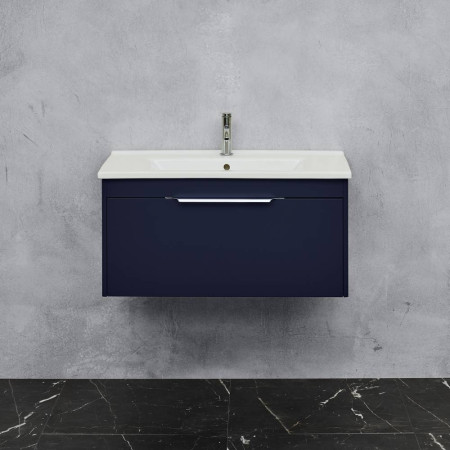 Britton Shoreditch 850mm Wall Hung Matt Blue Single Drawer Vanity Unit and Basin Lifestyle