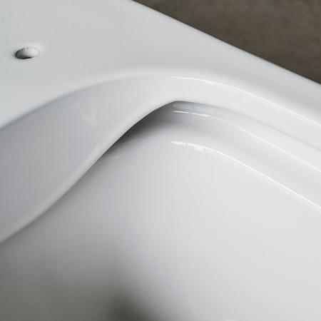 SHR.046 Britton Shoreditch Rounded Rimless Back To Wall WC Pan and Seat Close Up
