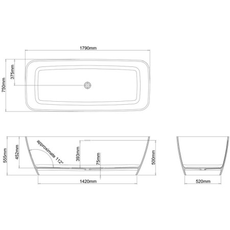N7D Britton Vicenza Natural Stone 1790mm Freestanding Bath Line Drawing