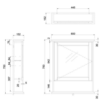 SM6015G Burlington 600mm Classic Grey Bathroom Mirror Cabinet Line Drawing