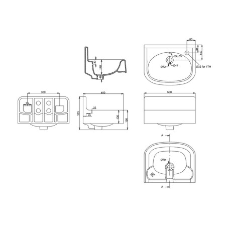 ARC5001THRH Burlington Arcade 500mm 1TH Cloakroom Basin with Nickel Overflow Line Drawing