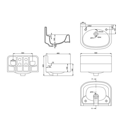 ARC5002TH Burlington Arcade 500mm 2TH Cloakroom Basin with Nickel Overflow Line Drawing