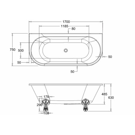 T12D Burlington Avantgarde Back to Wall Traditional Bath 1750mm Line Drawing
