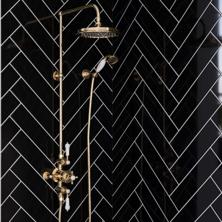 BAF3SGOLD/V17GOLD Burlington Avon Gold Thermostatic Exposed Dual Outlet Shower Valve with 9 Inch Fixed Head and Handset Lifestyle