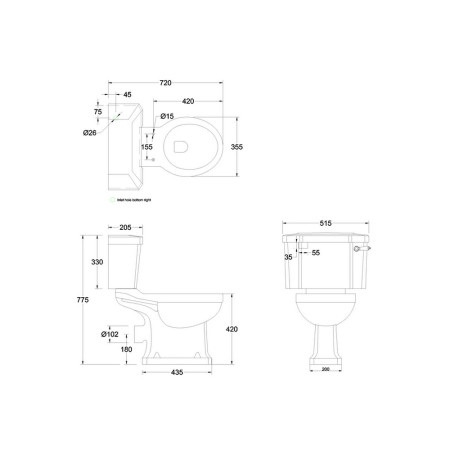 P5PINK/C1PINK Burlington Bespoke Confetti Pink Close Coupled WC with 520 Lever Cistern Line Drawing