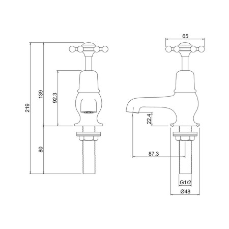 BI1 Burlington Birkenhead 3 Inch Basin Taps Line Drawing