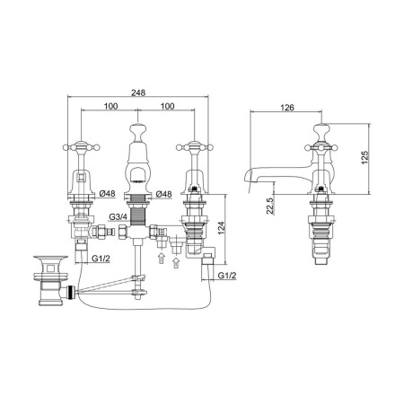 BI29 Burlington Birkenhead 3 Tap Hole Thermostatic Basin Mixer with Pop Up Waste Line Drawing