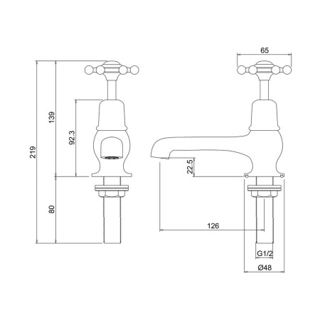BI2QT Burlington Birkenhead 5 Inch Basin Taps Line Drawing