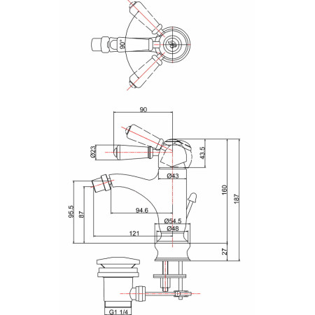 CHR23 Burlington Chelsea Regent Curved Bidet Mixer with Pop Up Waste Line Drawing