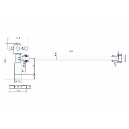 W25BNKL Burlington Cistern On & Off Valve in Brushed Nickel Line Drawing