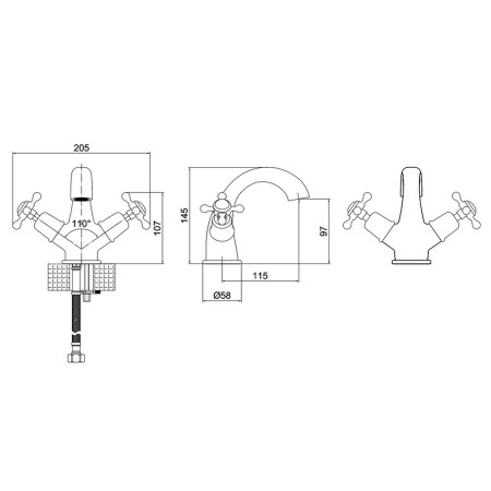 CL45QT Burlington Claremont Chrome Monobloc Basin Mixer Line Drawing