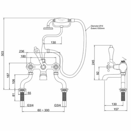 Burlington Claremont Gold Bath Shower Mixer Deck Mounted Technical Drawing