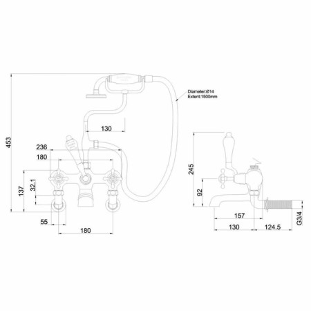 Burlington Claremont Gold Bath Shower Mixer Wall Mounted Technical Drawing