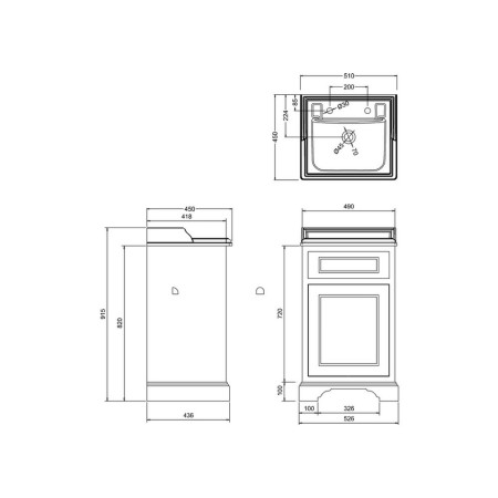 FC8MBM/B201TH Burlington Classic 500mm Cloakroom Vanity Unit with Basin in Matt Black Technical Drawing