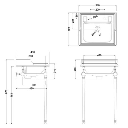 Burlington Classic 510mm Square Basin with Brushed Nickel Washstand Line Drawing