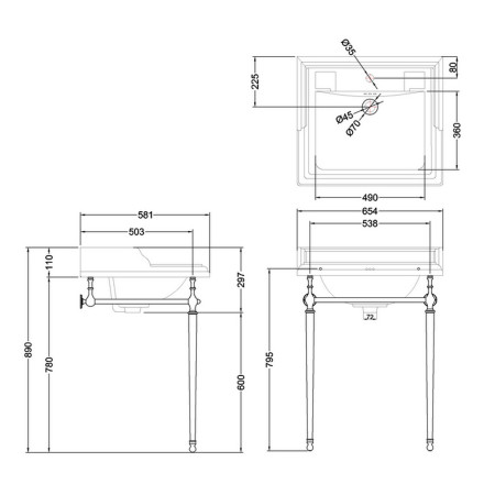 Burlington Classic 650mm Rectangle Basin with Brushed Nickel Washstand Line Drawing