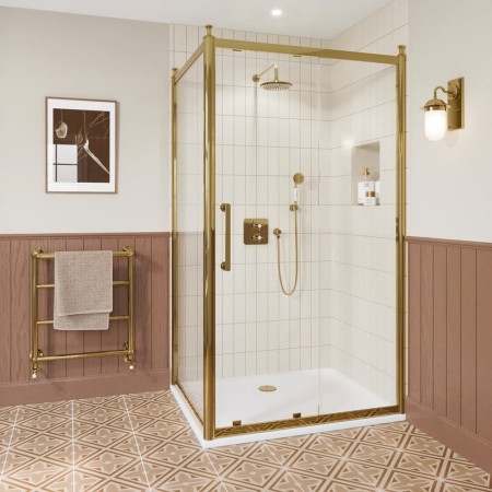 CQSLGC1200 Burlington Classique 1200mm Sliding Shower Door in Gold with 1909 Handle & a Side Panel