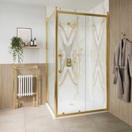 CQSLGC1400 Burlington Classique 1400mm Sliding Shower Door in Gold with 1850 Handle & a Side Panel