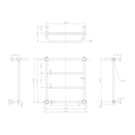 R3BNKL Burlington Cleaver Brushed Nickel Towel Radiator Line Drawing
