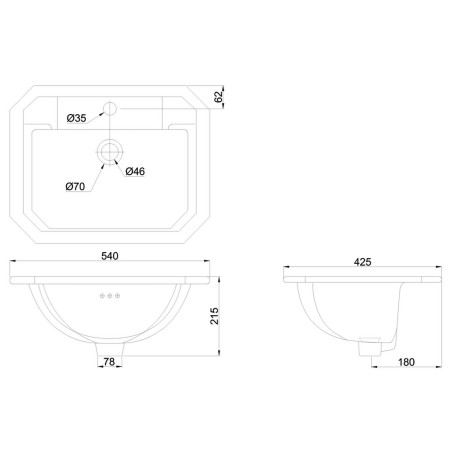 B131TH Burlington Contemporary 540mm 1TH Countertop Basin Line Drawing
