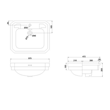 B121TH Burlington Contemporary 580mm 1TH Semi Recessed Basin Line Drawing