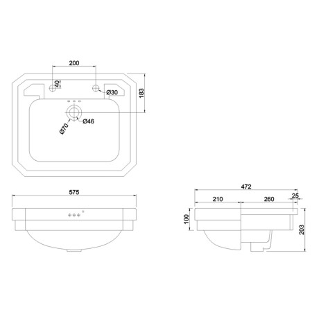 B122TH Burlington Contemporary 580mm 2TH Semi Recessed Basin Line Drawing