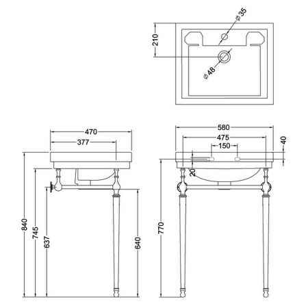 Burlington Contemporary 580mm Basin with Gold Washstand Line Drawing