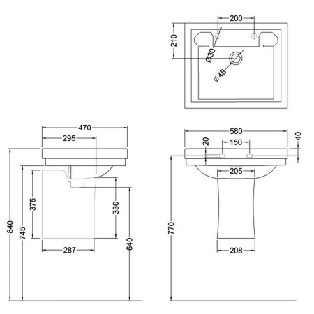 Burlington Contemporary 580mm Basin with Semi Pedestal Line Drawing