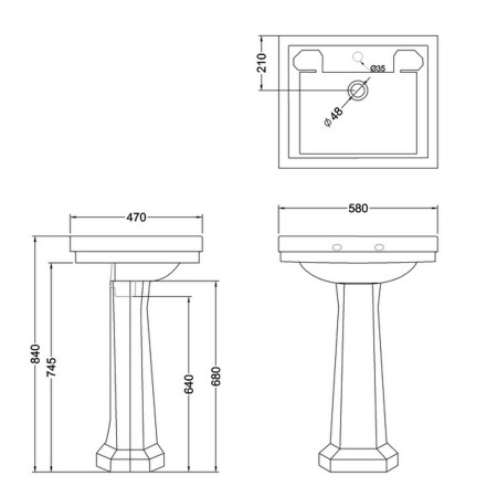 Burlington Contemporary 580mm Basin with Standard Pedestal Line Drawing