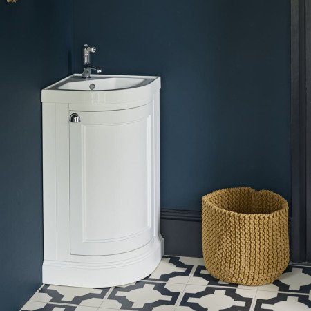 Burlington Corner 430mm Vanity Unit with Quattrocast Corner Basin in Matt White Lifestyle