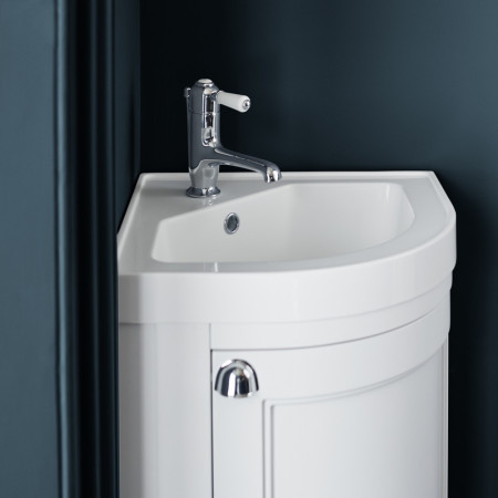 Burlington Corner 430mm Vanity Unit with Quattrocast Corner Basin in Matt White Room Setting